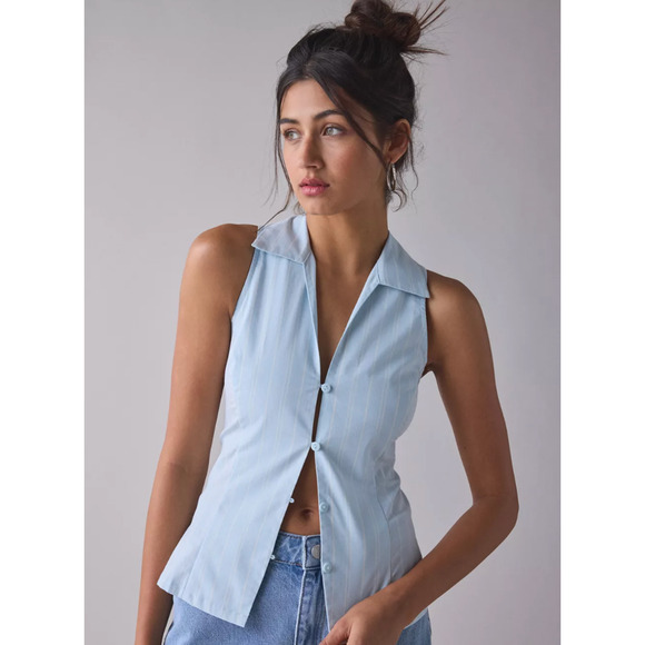 M Urban Outfitters Party Girl Cotton Blend Blue Striped Vest NWT - Picture 1 of 7